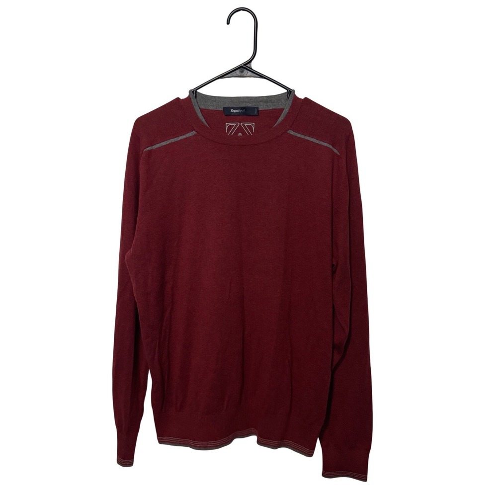 Zegna Sport Sweater Mens XL Burgundy Red Cotton Cashmere Crewneck Pullover Slim